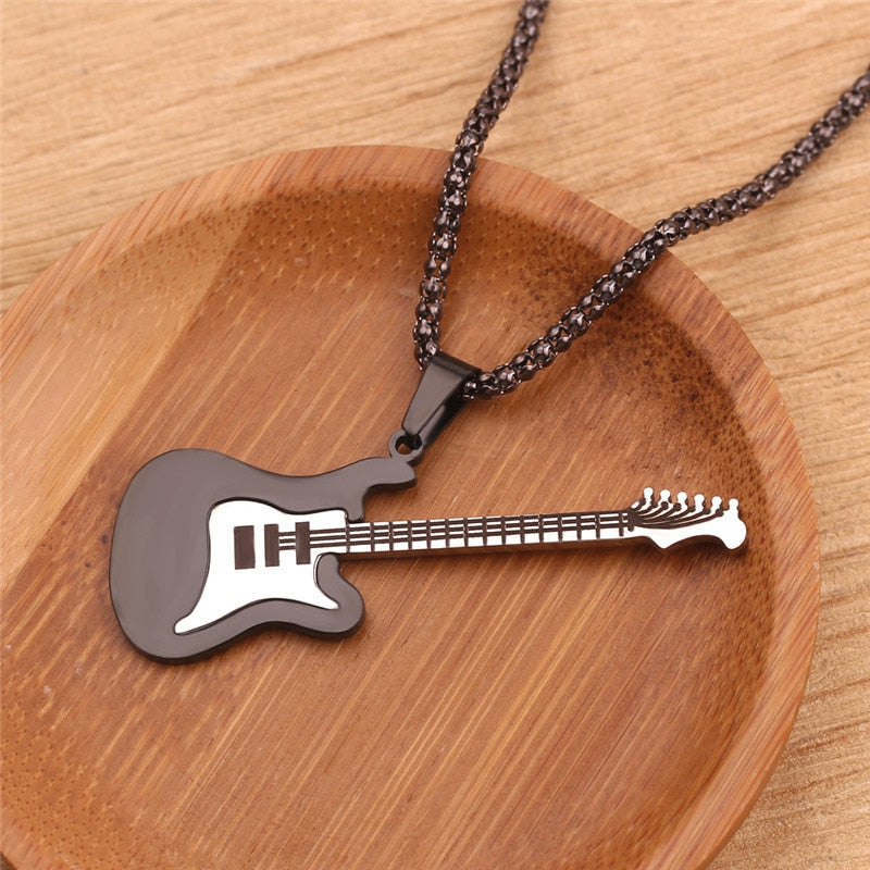 Hip Hop Gold Black Silver Color Men Women Stainless Steel Rock Music Guitar Pendant Jewelry Chain Necklace bijoux Gift