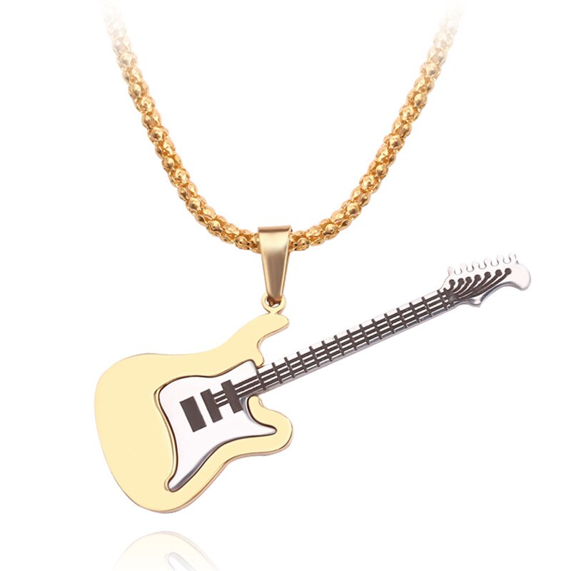 Hip Hop Gold Black Silver Color Men Women Stainless Steel Rock Music Guitar Pendant Jewelry Chain Necklace bijoux Gift