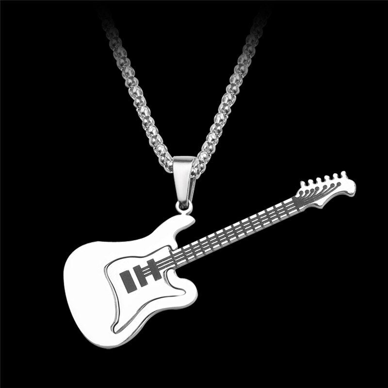 Hip Hop Gold Black Silver Color Men Women Stainless Steel Rock Music Guitar Pendant Jewelry Chain Necklace bijoux Gift