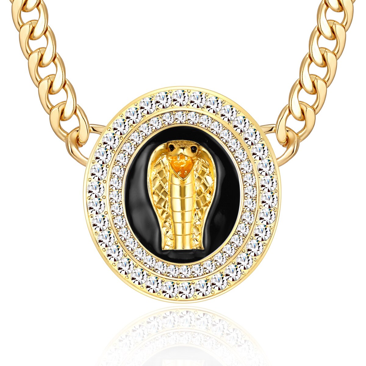 Hip Hop Gold Cobra Snake Head Necklace Statement Chunky Chain Crystal Oval Medallic Black Enamel Costume Cocktail Party Jewelry
