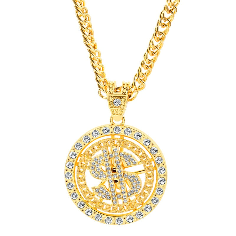Hip Hop Gold Silver Color Rotating Dollar Pendant Long Necklace Rhinestone Men Boy Jewelry Rotating Disc Necklace Accessories
