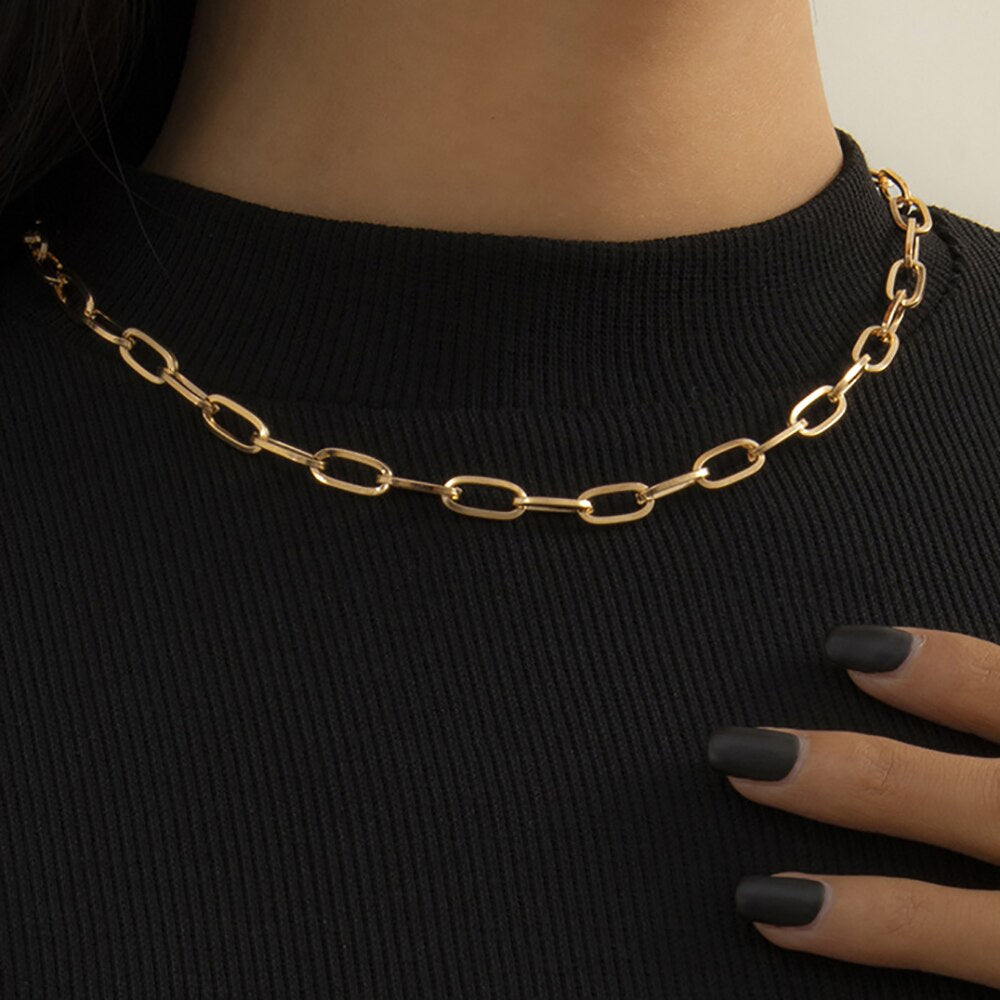 Hip Hop Golden Necklace Women Collar Simple Retro Cuban Chunky Thick Clavicle Necklaces Glamour Girl Jewelry