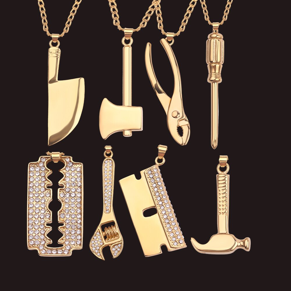 Hip Hop Gothic Razor Blades Hammer Axe Screwdriver Knife Pendant Necklaces Men Jewelry Street Hiphop Style
