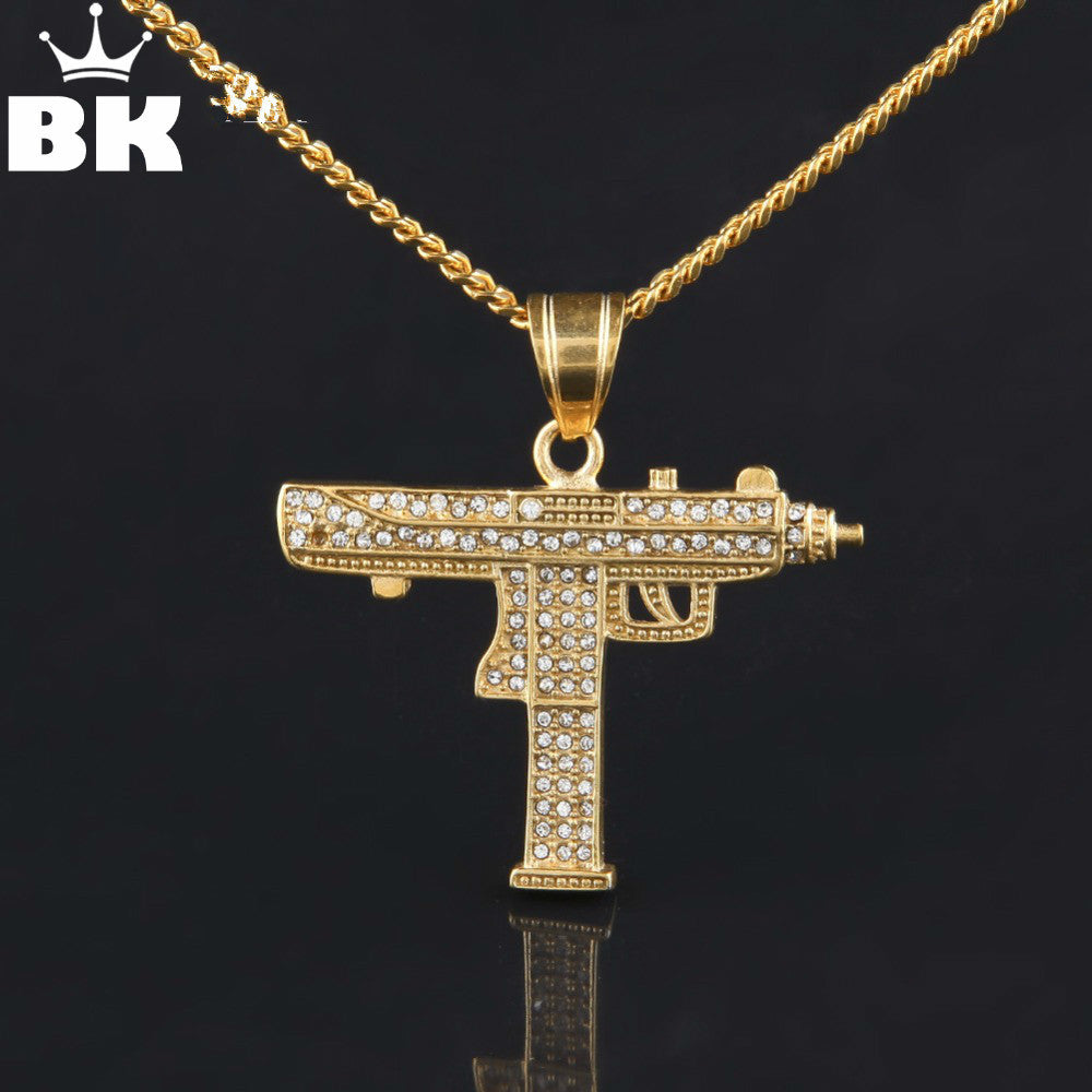 Hop Gun Pendant Necklace For Men Women Gold Color Ice Out Rhinestone CSGO Charm Pendant Fine Quality Gold Cuban Chain