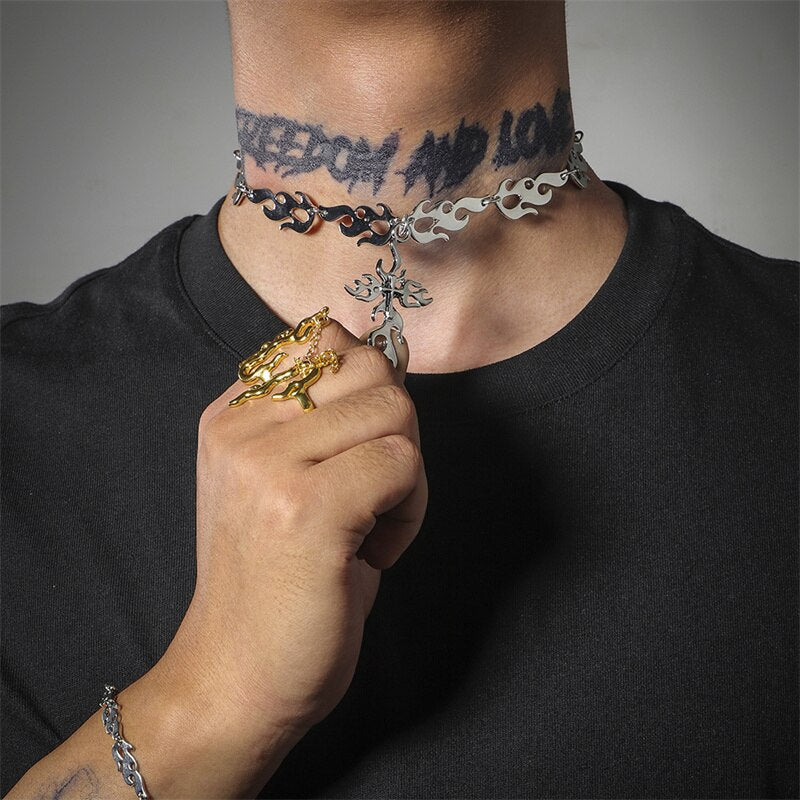 Hip Hop Harajuku Streetwear Flame Necklace Punk Rock Chain Necklaces Gold Color Choker Necklace Adjustable Chain For Unisex