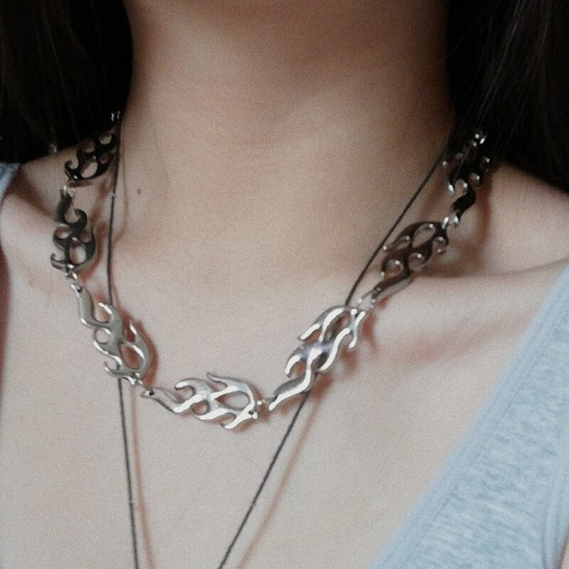 Hip Hop Harajuku Streetwear Flame Necklace Punk Rock Chain Necklaces Gold Color Choker Necklace Adjustable Chain For Unisex