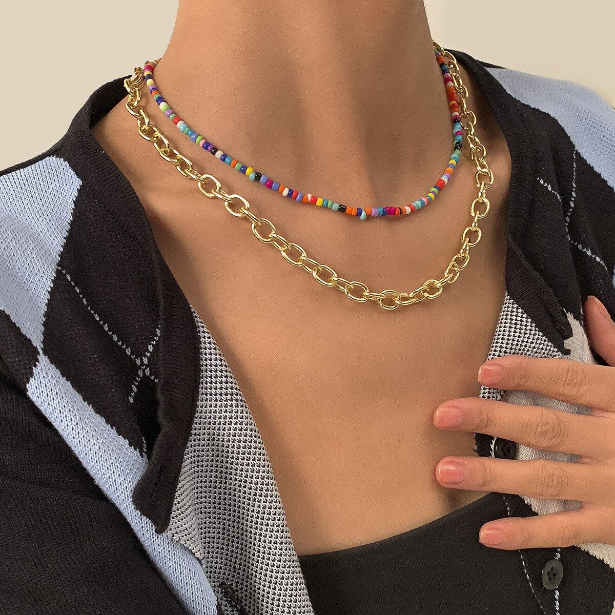 Hip Hop Hollow Double Layer Cross Metal Chain Necklace Retro Rice Bead Beaded Set Item Ornaments