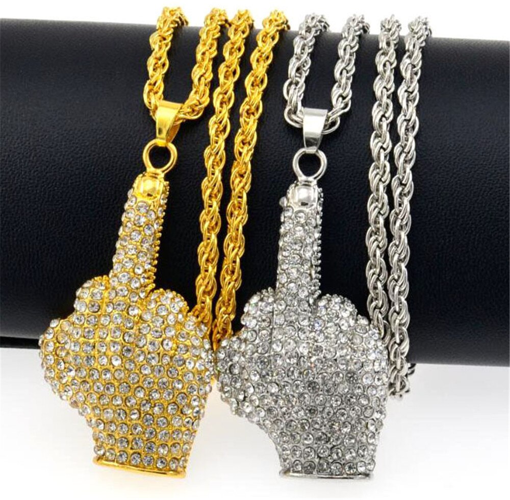Hip Hop Iced Out Big Hands Pendants Necklace Full Rhinstone Crystal Zircon Rapper Middle Finger Up Hand Shape Jewelry For Men