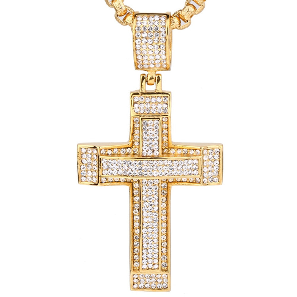 Hip Hop Iced Out Bling CZ Big Cross Pendant Necklace Gold Color Stainless Steel Chains For Men Christian Jewelry