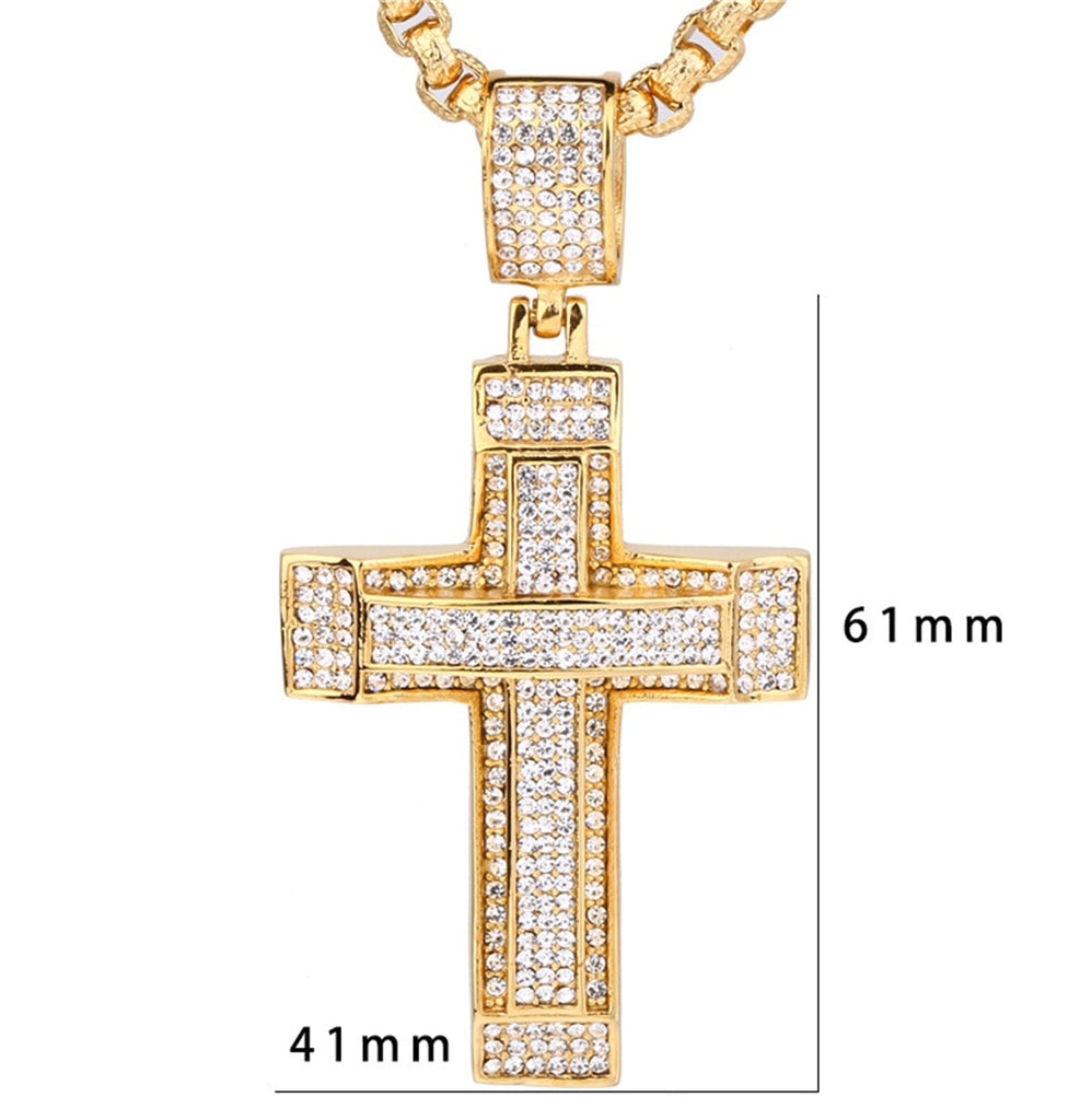 Hip Hop Iced Out Bling CZ Big Cross Pendant Necklace Gold Color Stainless Steel Chains For Men Christian Jewelry