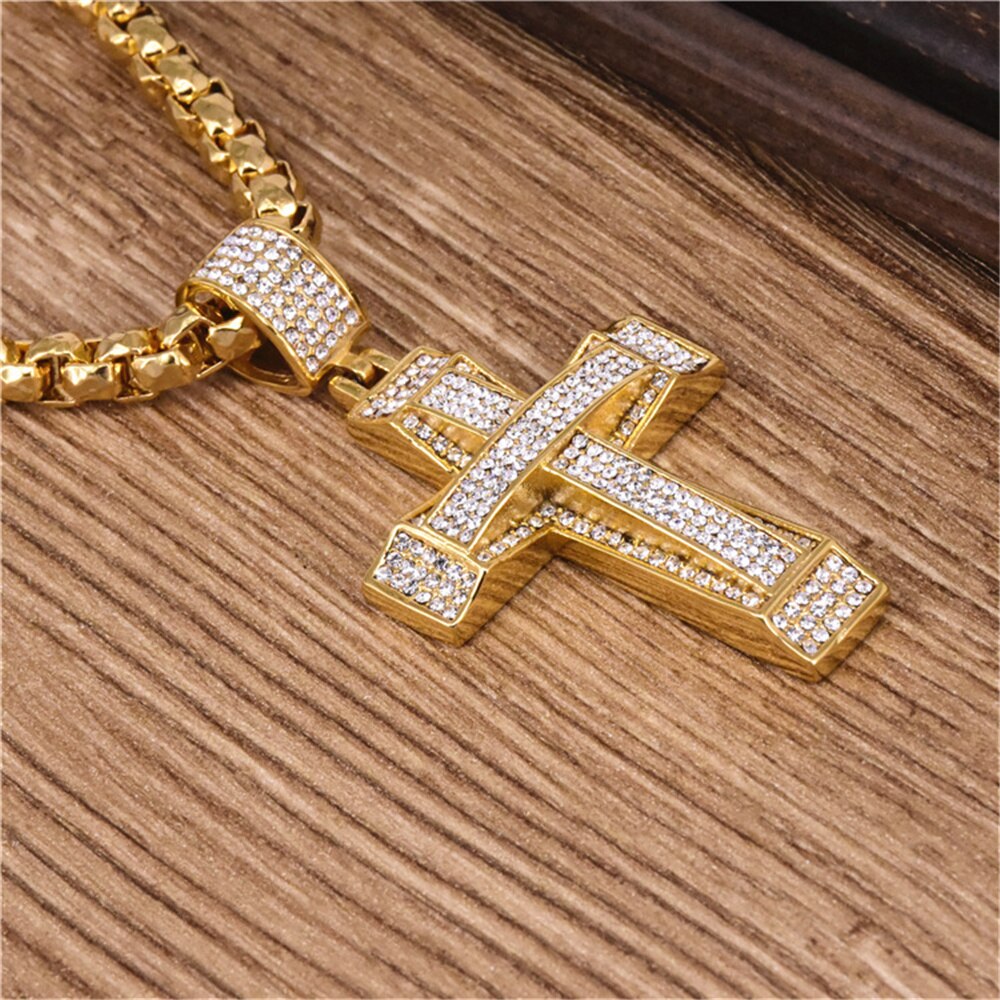 Hip Hop Iced Out Bling CZ Big Cross Pendant Necklace Gold Color Stainless Steel Chains For Men Christian Jewelry