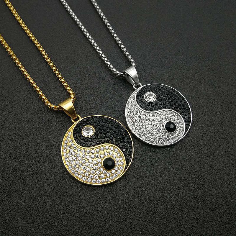 Hip Hop Iced Out Bling Gossip Yin Yang Aumlet Pendant Necklace Gold Silver Color Stainless Steel Chains For Women Men Jewelry