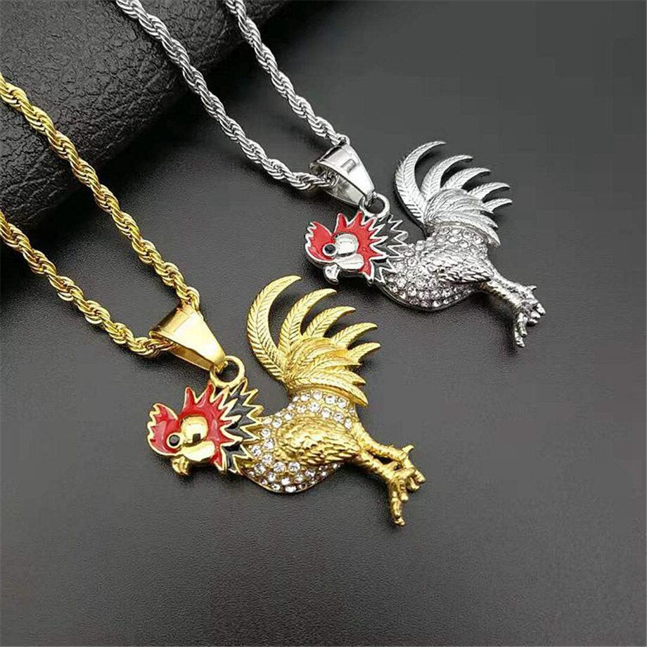 Hip Hop Iced Out Chain Bling Rooster Pendant Necklace For Men/Women Gold Color Stainless Steel French Jewelry Gift Collier