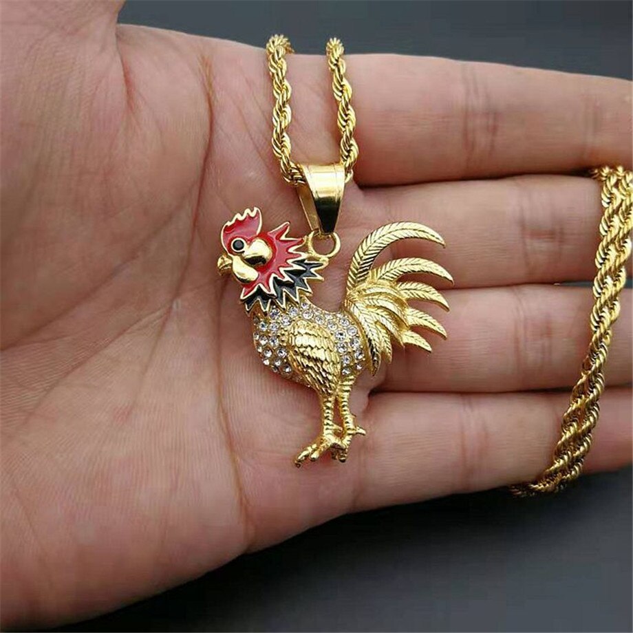 Hip Hop Iced Out Chain Bling Rooster Pendant Necklace For Men/Women Gold Color Stainless Steel French Jewelry Gift Collier