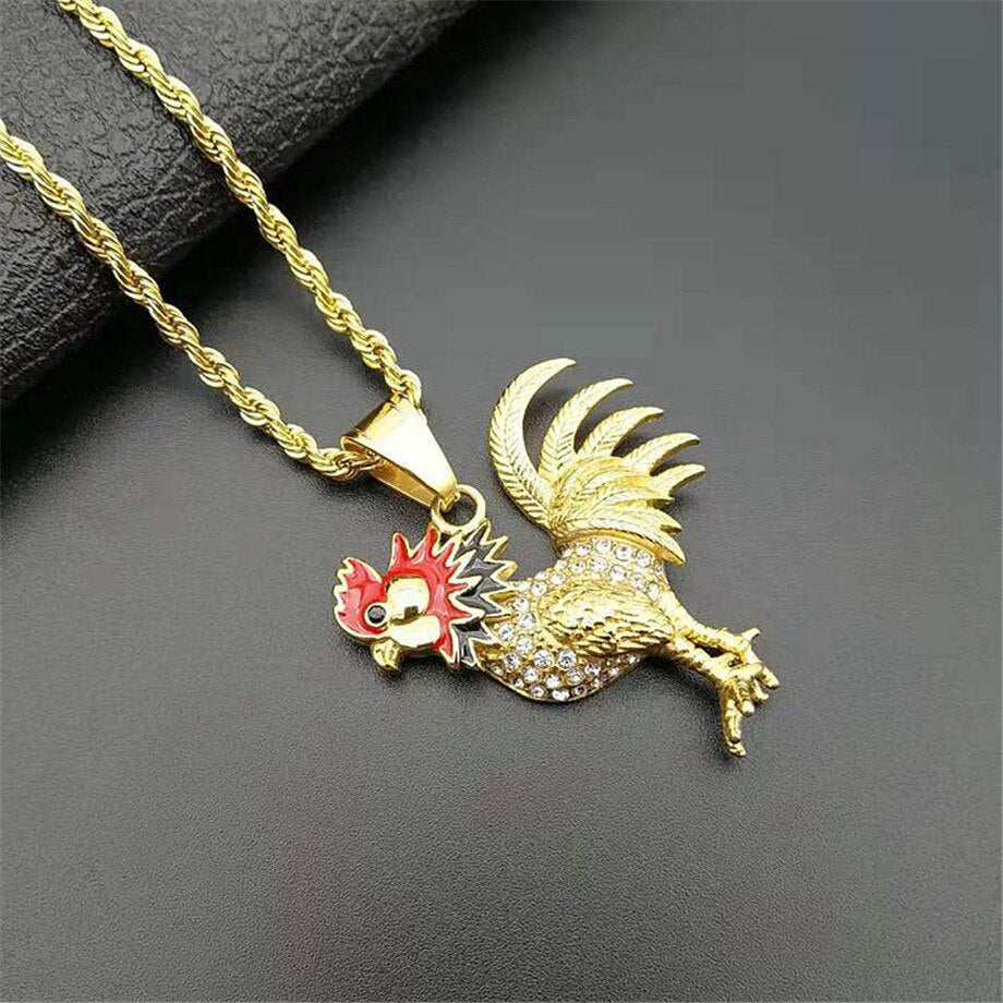 Hip Hop Iced Out Chain Bling Rooster Pendant Necklace For Men/Women Gold Color Stainless Steel French Jewelry Gift Collier
