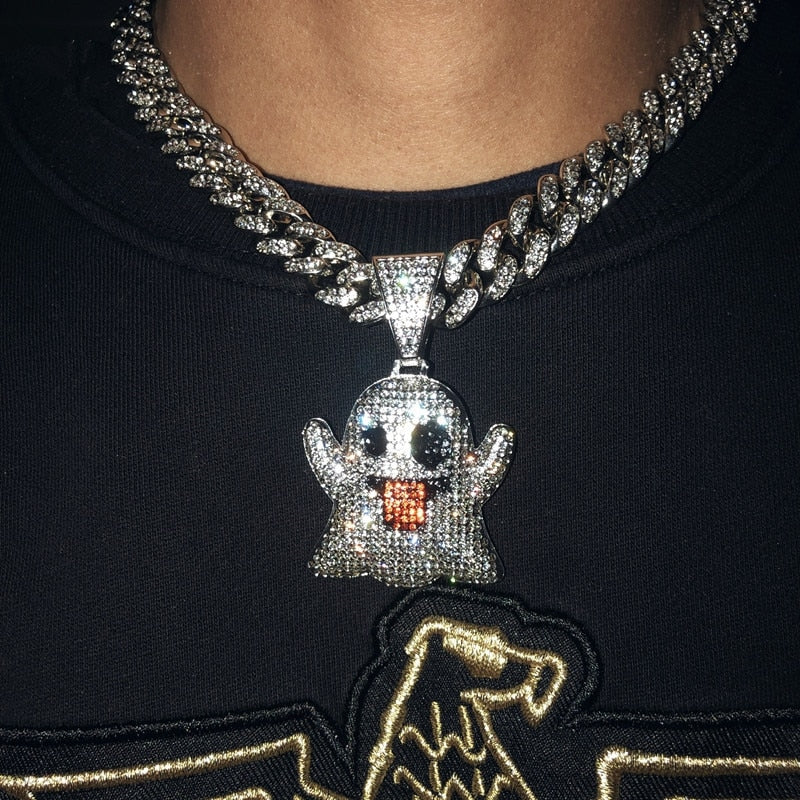 Hip Hop Iced Out Cubic Zircon Ghost Gold Color Pendant & Necklace For Men Women Jewelry With Miami Cuban Chains