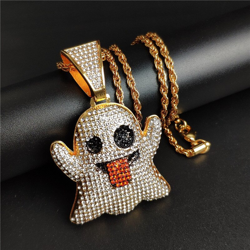 Hip Hop Iced Out Cubic Zircon Ghost Gold Color Pendant & Necklace For Men Women Jewelry With Miami Cuban Chains