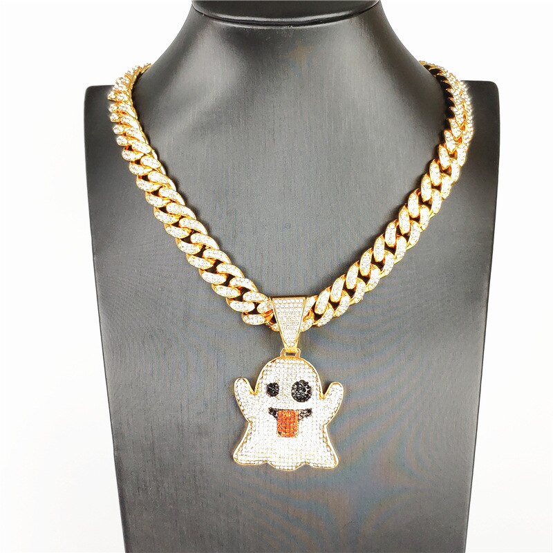 Hip Hop Iced Out Cubic Zircon Ghost Gold Color Pendant & Necklace For Men Women Jewelry With Miami Cuban Chains