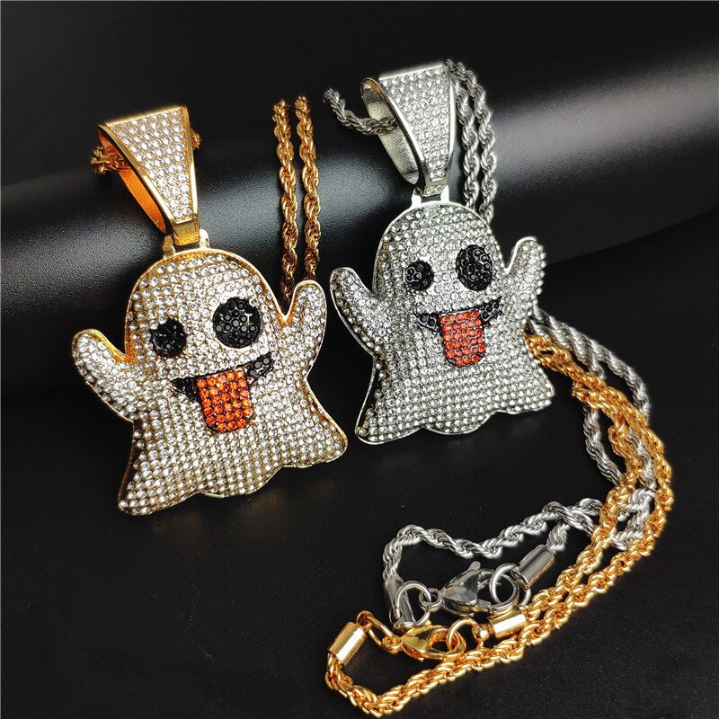 Hip Hop Iced Out Cubic Zircon Ghost Gold Color Pendant & Necklace For Men Women Jewelry With Miami Cuban Chains