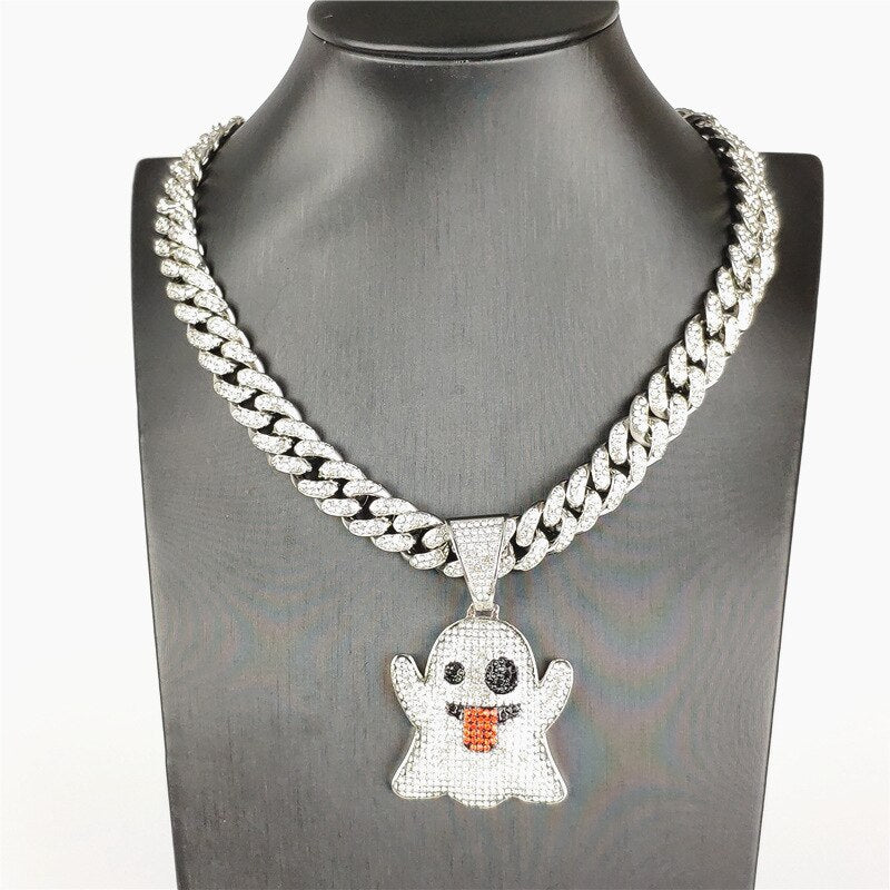 Hip Hop Iced Out Cubic Zircon Ghost Gold Color Pendant & Necklace For Men Women Jewelry With Miami Cuban Chains
