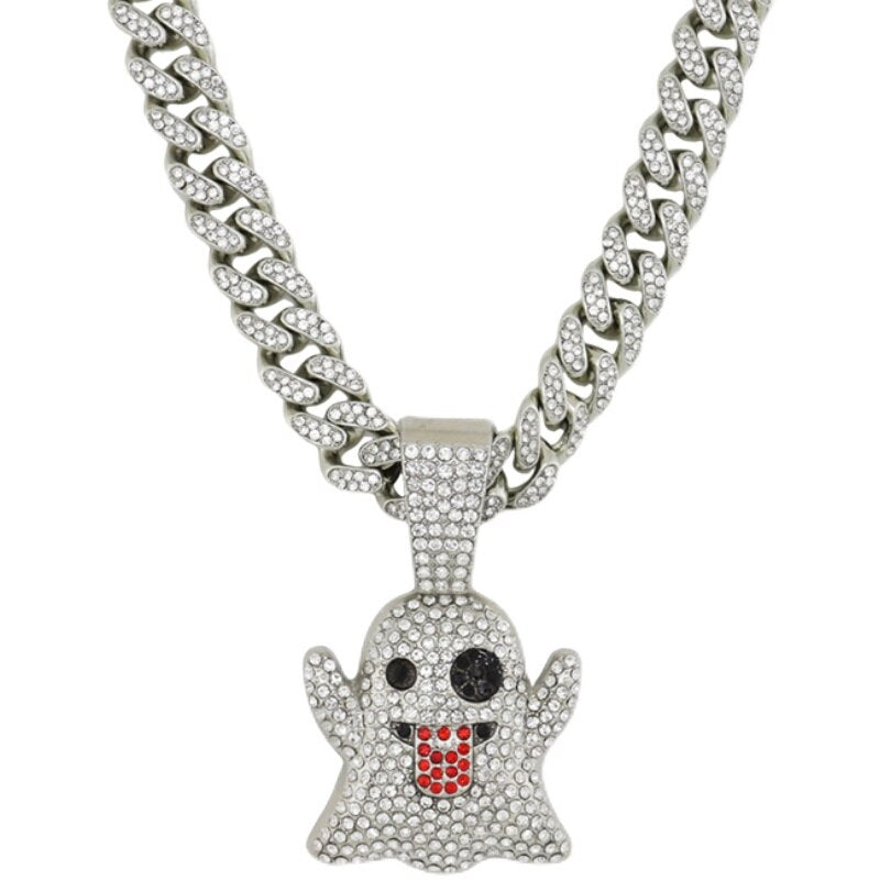 Hip Hop Iced Out Cubic Zircon Ghost Gold Color Pendant & Necklace For Men Women Jewelry With Miami Cuban Chains