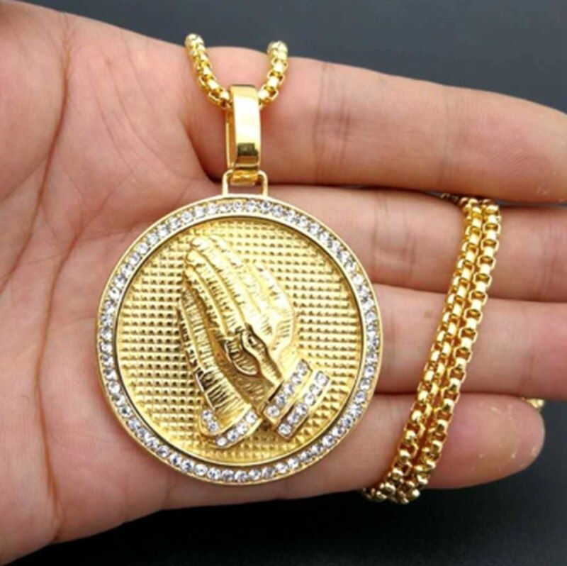 Hip Hop Iced Out Praying Hands Pendant Necklaces for Women and Men Gold Color Round Jewelry