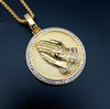 Hip Hop Iced Out Praying Hands Pendant Necklaces for Women and Men Gold Color Round Jewelry