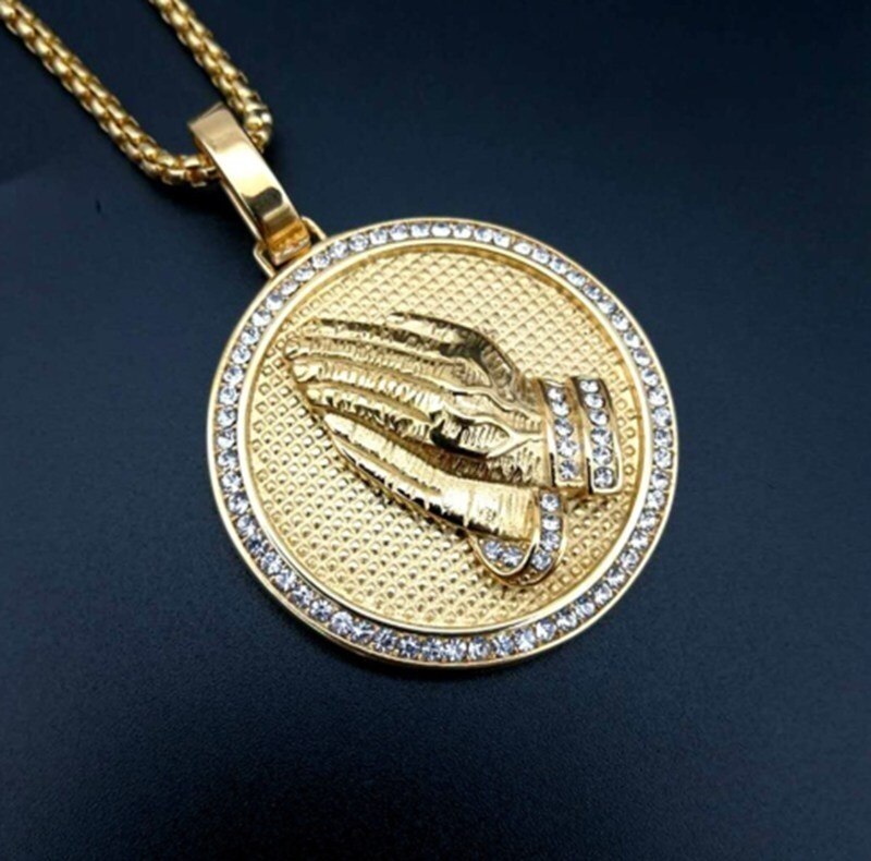 Hip Hop Iced Out Praying Hands Pendant Necklaces for Women and Men Gold Color Round Jewelry