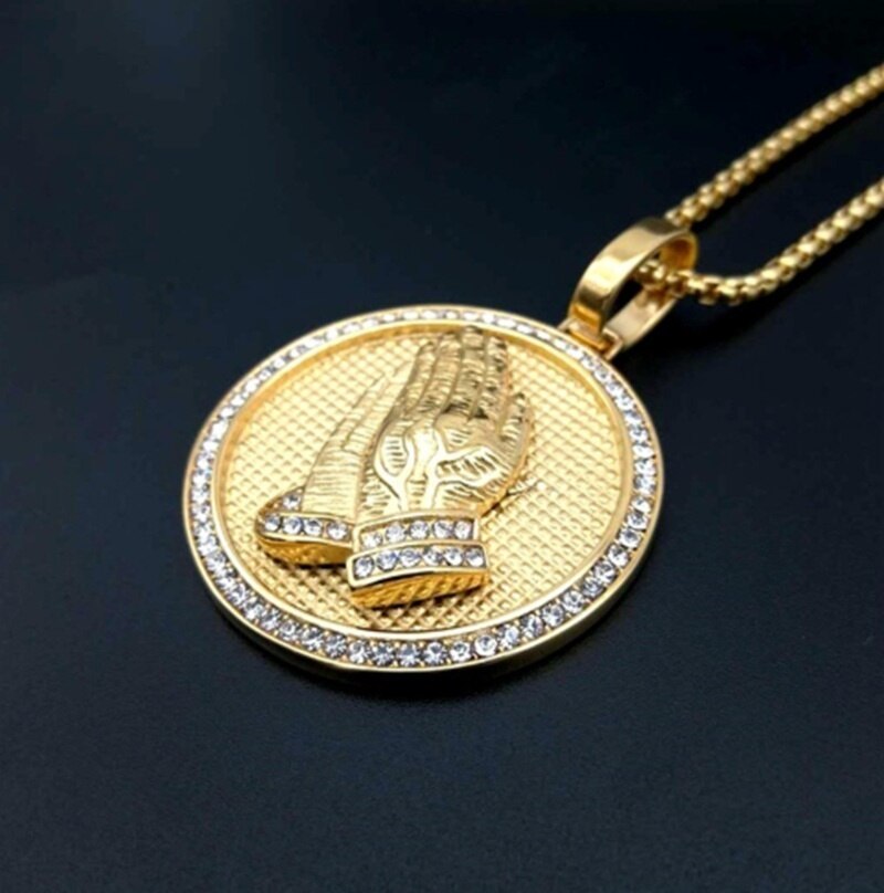 Hip Hop Iced Out Praying Hands Pendant Necklaces for Women and Men Gold Color Round Jewelry