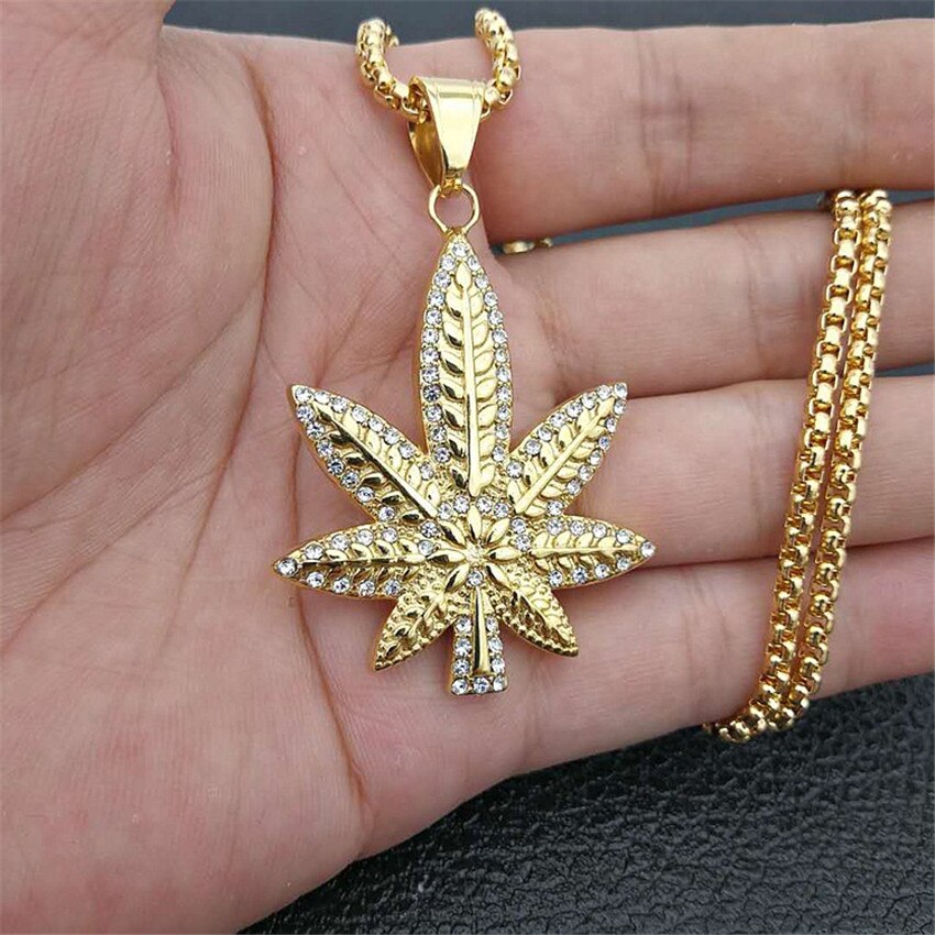 Hip Hop Iced Out Rhinestone Hemp Leaf Pendants Necklaces Gold Color Stainless Steel Necklace For Women/Men Golden Bling Jewelry