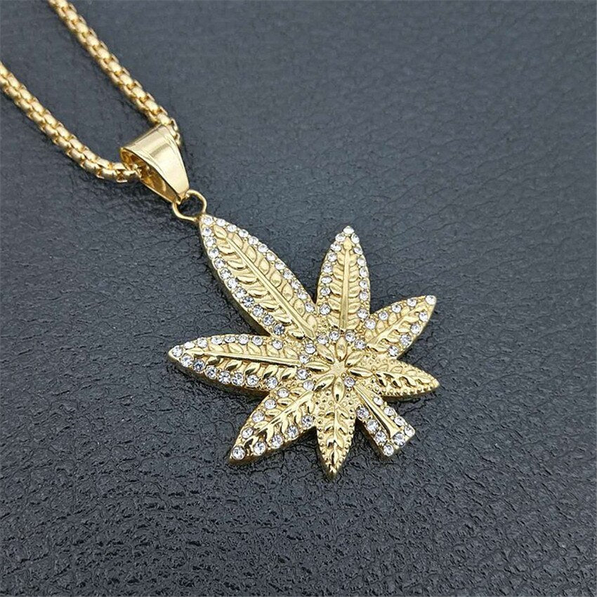 Hip Hop Iced Out Rhinestone Hemp Leaf Pendants Necklaces Gold Color Stainless Steel Necklace For Women/Men Golden Bling Jewelry