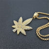 Hip Hop Iced Out Rhinestone Hemp Leaf Pendants Necklaces Gold Color Stainless Steel Necklace For Women/Men Golden Bling Jewelry