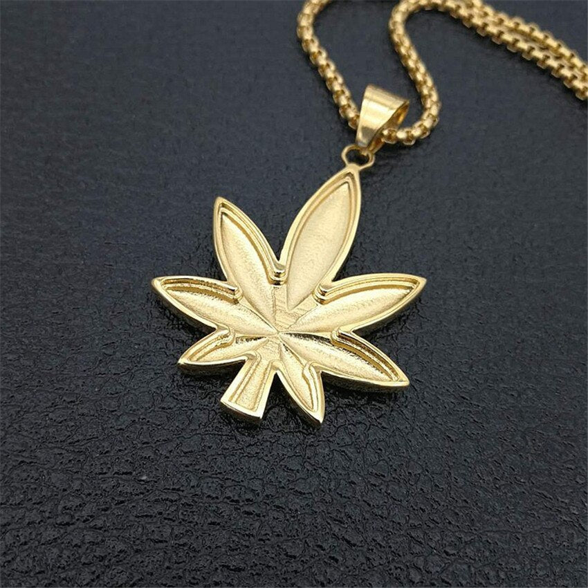 Hip Hop Iced Out Rhinestone Hemp Leaf Pendants Necklaces Gold Color Stainless Steel Necklace For Women/Men Golden Bling Jewelry