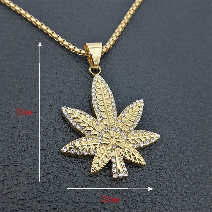 Hip Hop Iced Out Rhinestone Hemp Leaf Pendants Necklaces Gold Color Stainless Steel Necklace For Women/Men Golden Bling Jewelry