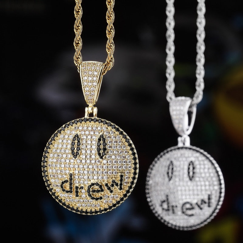 Hip Hop Jewelry Drew Smiling Face Pendant Necklace For Men Women  Micro Pave Colorful Zircon Lovers Necklace Gift