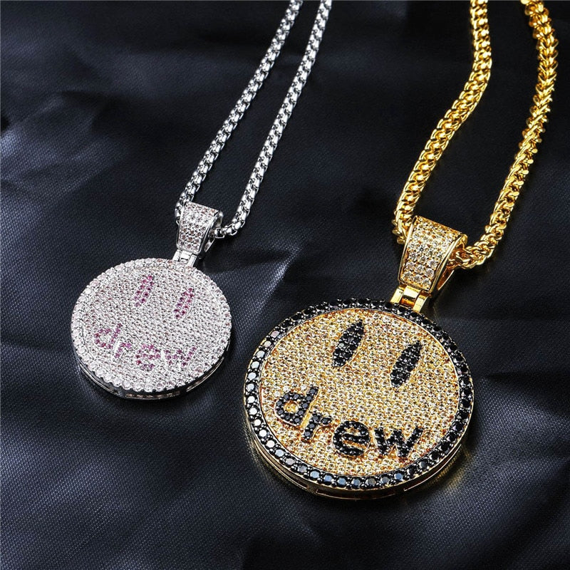 Hip Hop Jewelry Drew Smiling Face Pendant Necklace For Men Women  Micro Pave Colorful Zircon Lovers Necklace