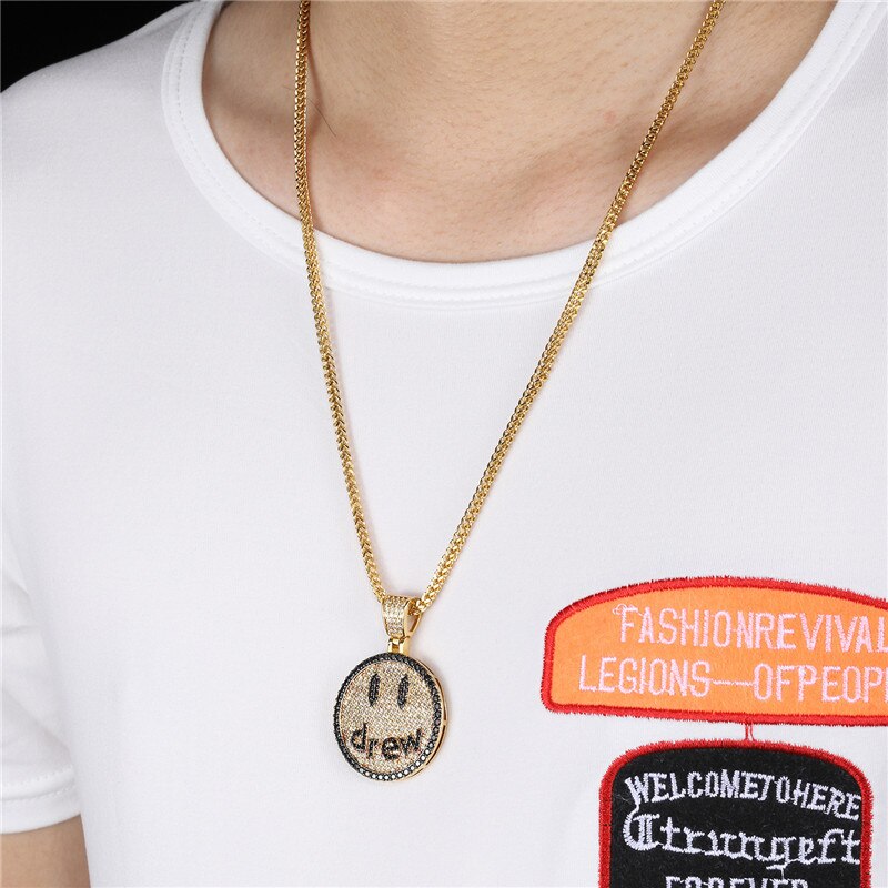 Hip Hop Jewelry Drew Smiling Face Pendant Necklace For Men Women  Micro Pave Colorful Zircon Lovers Necklace
