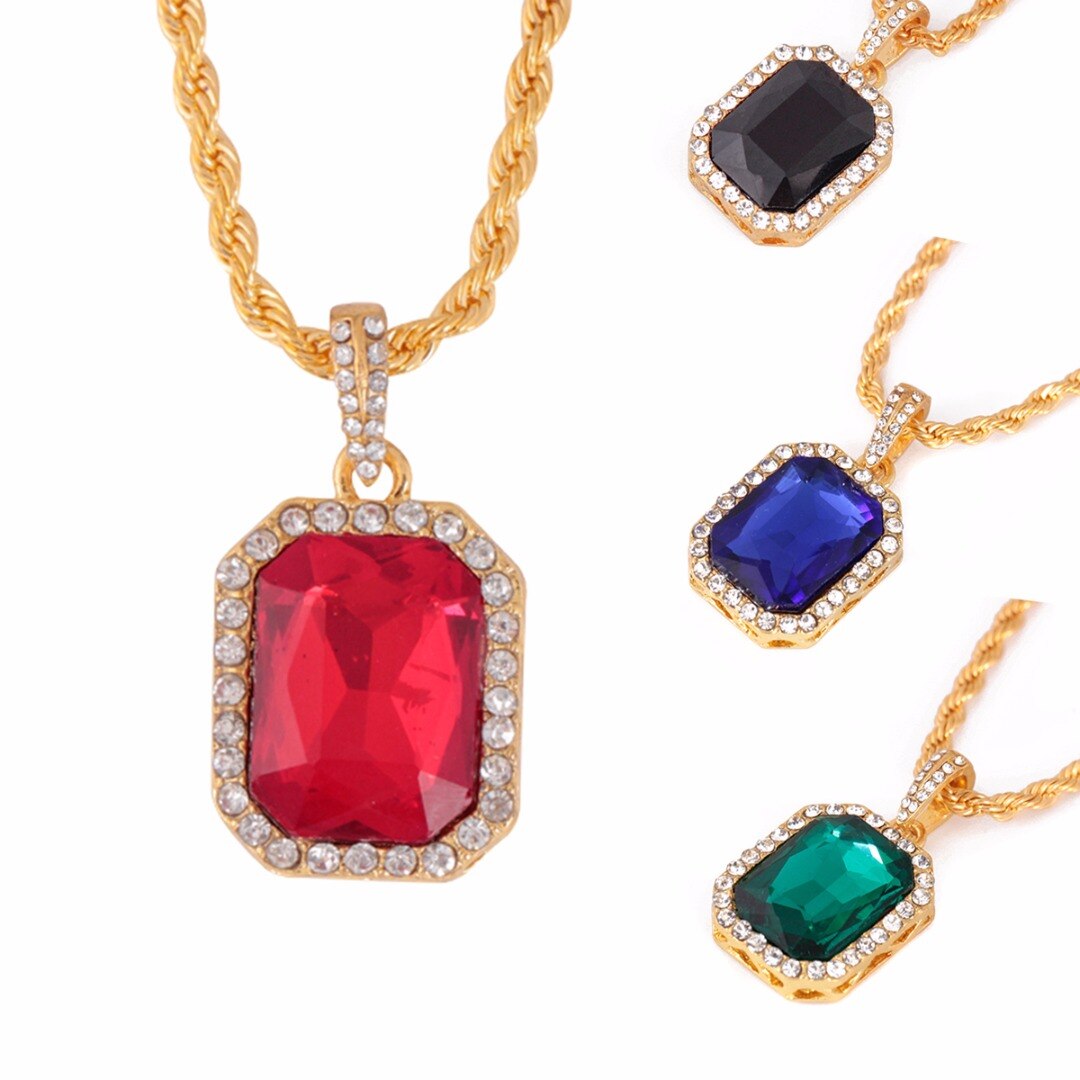 Hip Hop Jewelry Men Red Crystal Necklace Twisted Gold Chain Geometric Square Rhinestone Pendant Chain Women Long Necklace