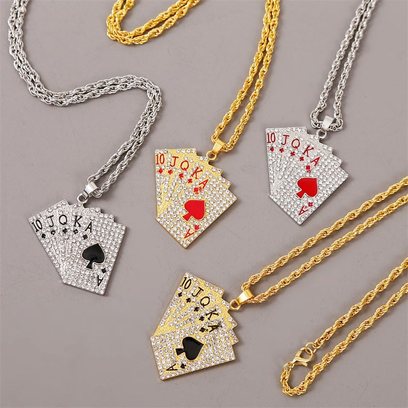 Hip Hop Jewelry Women Men Statement Enamel Playing Cards Pendants Necklaces Hip Hop Jewelry Gold Silver Color Necklace
