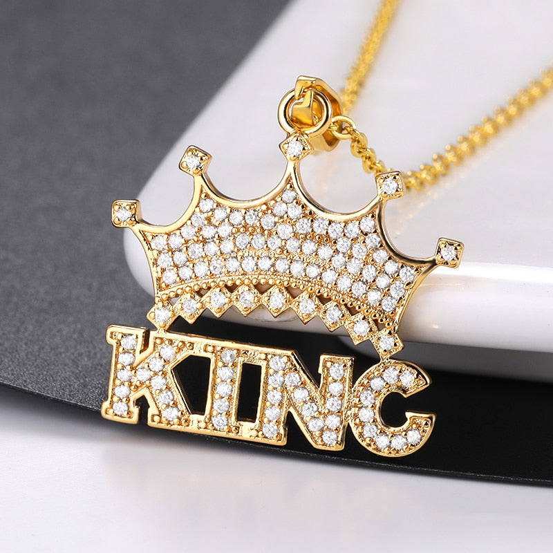 Hip Hop King Crown Pendant Necklaces For Women Men Zircon Gold Stainless Steel Chain  Party Couple Jewelry Gifts