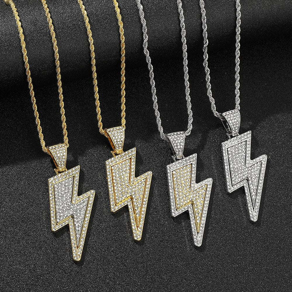 Hip Hop Lightning Pendant Necklace Cubic Zircon Alloy Necklace Long Chain Sweater Chain Men Women Rock Jewelry Gifts