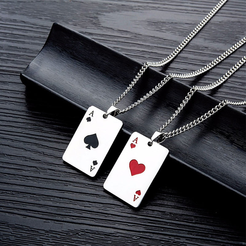 Hip Hop Mens Necklace Stainless Steel Chain Red Black A Heart Playing Cards Pendant Necklace for Men Casino Lucky Jewelry Gift