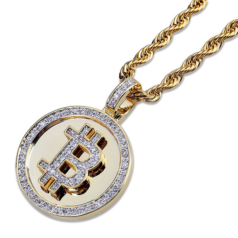 Hip Hop Micro Verharde Aaa + Zirconia Iced Out Bling Gold Bitcoin Ronde Hangers Ketting Voor Mannen Vrouwen Rapper sieraden