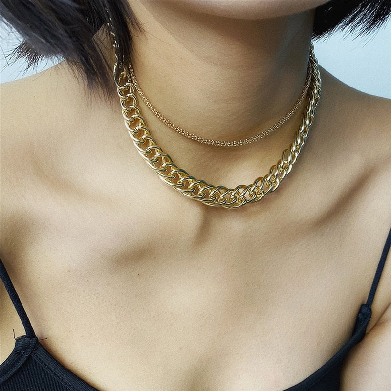 Hip Hop Multi-layer Cuban Curb Choker Necklace Women Punk Collar Statement Lock Chunky Thick Chain Necklaces Jewelry