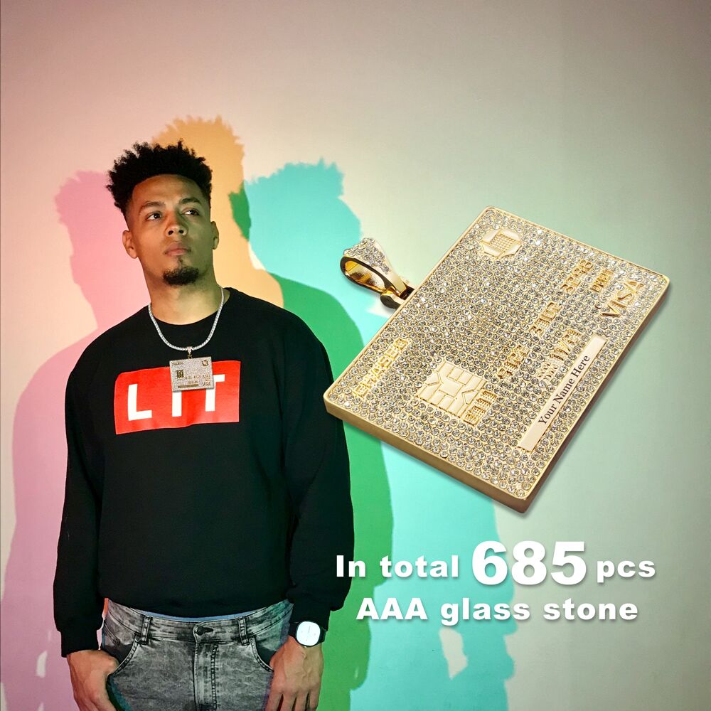 Hip Hop Pendant Mens Jewelry Gift For Him credit card Customized  AAA glass stone hiphop necklace bling bling jewelry