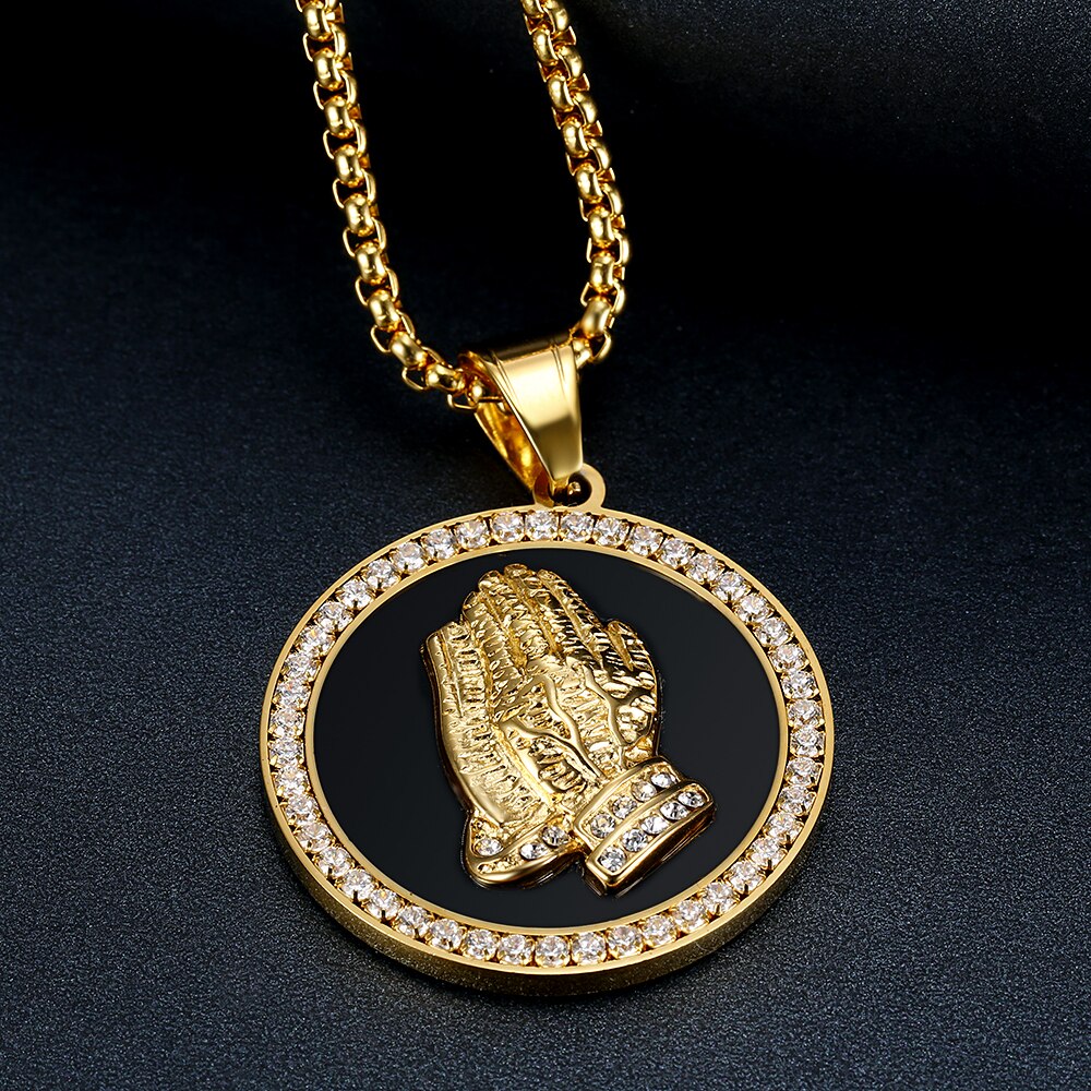 Hip Hop Praying Hands Pendant &amp; Chains for Men Gold Color Stainless Steel Iced Out Round Necklace Christian Jewelry