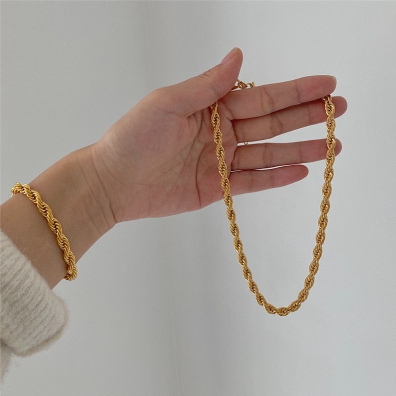 Hip Hop Punk 3mm Stainless Steel Swag Twist Rope Chain Necklace For Women Men Gold Color Necklace  Jewelry Accessories