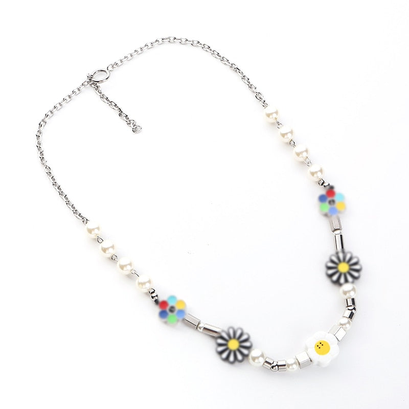 Hip Hop Rainbow Flower Chrysanthemum Bohemia Choker Necklace Rock Trendy Statement Jewelry Beads Necklace Unisex Gifts