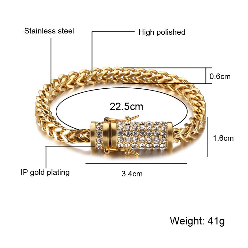 Hop Rapper Bracelet Bling Iced Out Rhinestone Clasp Gold Silver Stainless Steel Franco Cuban Box Link Chain Bracelet Jewelry