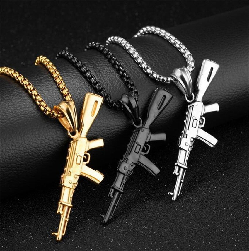 Hip Hop Refined Stylish Iced Out Golden Silveryy Color Alloy AK 47 Gun Pendants Necklace For Men Rapper Jewelry
